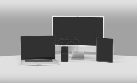 Photo for PARIS - France - April 28, 2022: Newly released Apple devices, Imac 24 desktop computer, Iphone 13 pro max mobile, Macbook laptop, Ipad tablet- 3d realistic rendering screen mockup on grey background - Royalty Free Image