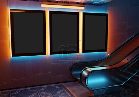 Foto de Tres futuristas cartelera vertical maqueta con luces de neón. Plantilla interior de marcos de estilo cyberpunk. Renderizado 3D - Imagen libre de derechos