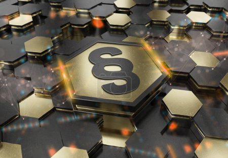 Photo for Law icon concept engraved on black and gold metal hexagonal pedestral background. Paragraph justice logo glowing on abstract digital surface. 3d rendering - Royalty Free Image