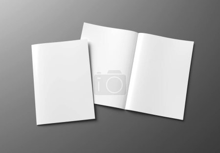 Magazine cover and open magazine mockup on grey background. Empty brochure template. 3D rendering