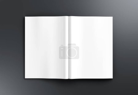 Foto de Una maqueta de revista abierta aislada sobre fondo gris. Plantilla de folleto sobre superficie en blanco. Renderizado 3D - Imagen libre de derechos