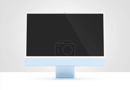 Foto de PARÍS - Francia - 28 de abril de 2022: Nueva versión de Apple Imac ordenador de escritorio de 24 pulgadas, color azul, vista frontal 3D representación realista 4.5K pantalla de visualización Retina maqueta sobre fondo gris - Imagen libre de derechos