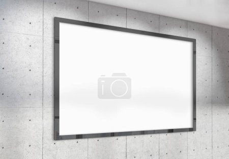 Photo for Black horizonal frame Mockup hanging on office wall. Mock up of a billboard in modern concrete company interior 3D rendering - Royalty Free Image