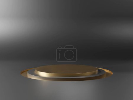 Photo for Golden stage podium on black background. Mockup of empty circular platform. Abstract geometric pedestral. 3D rendering - Royalty Free Image