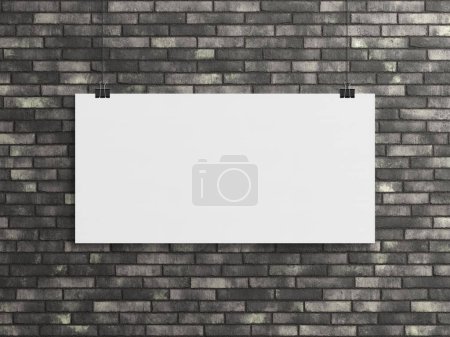 Foto de Cartel horizontal en blanco colgado con clips en una pared de ladrillo Mockup. Renderizado 3D de marco vacío - Imagen libre de derechos