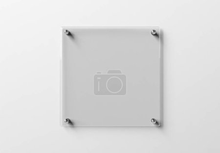 Foto de Placa de cristal transparente en pared blanca Mockup. Placa de negocio 3D renderizado - Imagen libre de derechos