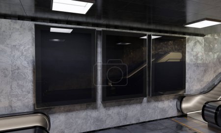 Foto de Tres vallas publicitarias verticales en la pared subterránea del metro. Acumulaciones publicidad tríptico en la estación de tren interior 3D renderizado - Imagen libre de derechos