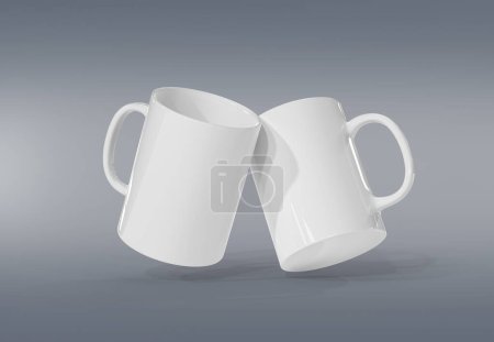 Photo for Two isolated mugs mockup on grey background. Blank coffee cups template. 3D rendering - Royalty Free Image