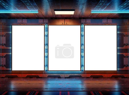 Photo for Three futuristic vertical billboard mockup with neon lights. Cyberpunk style frames interior template. 3D rendering - Royalty Free Image