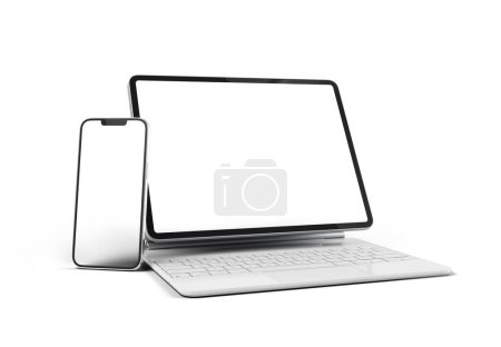 Téléchargez les photos : PARIS - France - 15 mars 2023 : Apple Ipad Pro avec clavier magique blanc et Iphone 14 - rendu 3D réaliste sur backgroun blanc - en image libre de droit