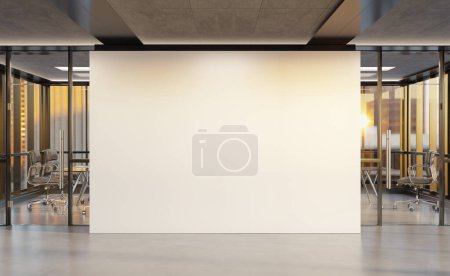 Photo for Blank wall Mockup in bright office with windows. Empty company interior at sunset 3D rendering - Royalty Free Image