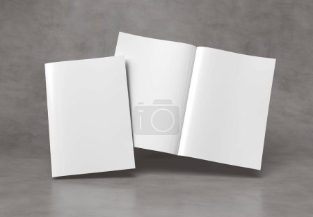 Photo for Magazine cover and open magazine mockup on concrete background. Empty brochure template. 3D rendering - Royalty Free Image