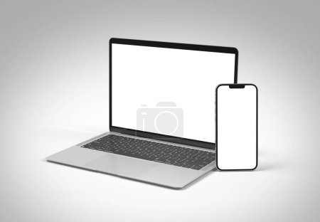 Photo for PARIS - France - September 1, 2023: Newly released Apple Macbook Air and Iphone 14, Silver color. Side view. 3d rendering laptop screen mockup on white background - Royalty Free Image