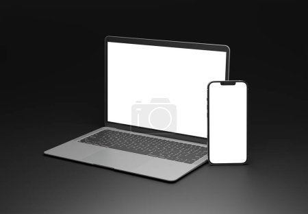 Photo for PARIS - France - September 1, 2023: Newly released Apple Macbook Air and Iphone 14, Silver color. Side view. 3d rendering laptop screen mockup on dark background - Royalty Free Image