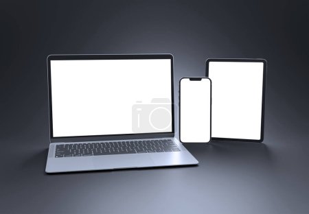 Photo for PARIS - France - September 1, 2023: Newly released Apple Macbook Air, Iphone 14, Ipad Pro, Silver color. Side view. 3d rendering laptop screen mockup on dark background - Royalty Free Image