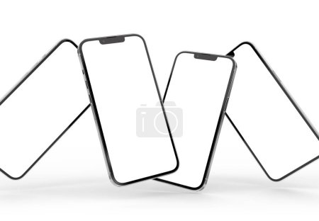 Téléchargez les photos : PARIS - France - 15 mars 2023 : Nouveau Smartphone Apple Iphone 14 rendu 3D pro réaliste - Modèle d'écran couleur argent - Quatre smartphones modernes flottant sur fond blanc - en image libre de droit