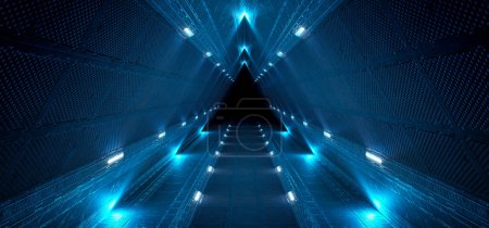 Photo for Futuristic interior corridor with blue neon lights walls. Triangle shaped spaceship background in space station. Pyramid style tunnel with lit path way. Cyber room with sci fi laser. 3d rendering - Royalty Free Image