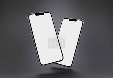 Photo for PARIS - France - March 15, 2023: Newly released Apple Smartphone Iphone 14 pro realistic 3d rendering - Silver color front screen mockup - Two modern smartphones floating on dark background - Royalty Free Image