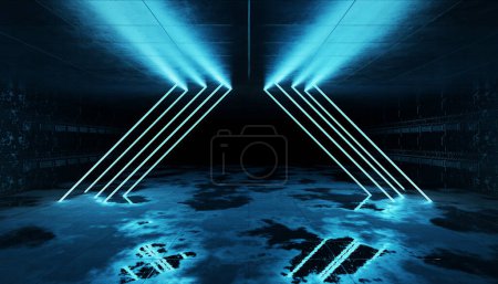 Foto de Cyber neon laser Interior. Garage room hangar with sci fi glowing blue tubes. Futuristic dark tunnel warehouse with metal panels wall lighted with lights. Construction corridor 3d Rendering - Imagen libre de derechos