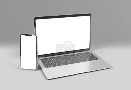 Foto de PARÍS - Francia - 15 de marzo de 2023: Recién estrenado Apple Macbook Air e Iphone 14, color Plata. Vista lateral. 3d representación de la pantalla del ordenador portátil maqueta sobre fondo gris - Imagen libre de derechos