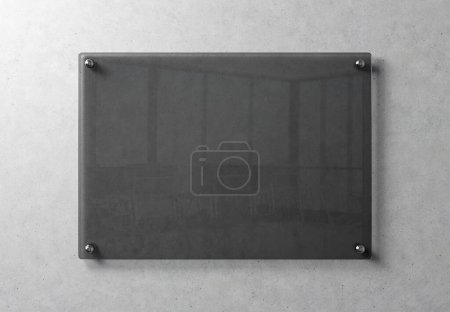 Photo for Empty transparent glass sign plate on wall mockup. Template of a blank plastic business signboard on concrete texture. 3D rendering - Royalty Free Image