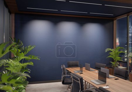 Téléchargez les photos : Modélisation murale bleue vide le soir avec des meubles en bois modernes et des plantes tropicales. rendu 3D - en image libre de droit