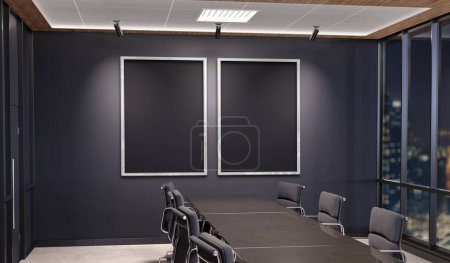 Foto de Dos marcos verticales Mockup colgando en la sala de reuniones de la oficina oscura. Burla de vallas publicitarias en el interior de la empresa moderna 3D renderizado - Imagen libre de derechos