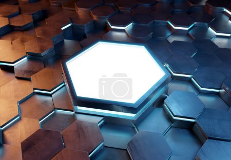 Photo for Glowing orange and blue hexagons podium background pattern. Hexagonal silver metal Mockup with lights and reflections. 3D rendering - Royalty Free Image