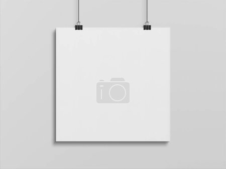 Photo for Blank squared poster hanging with clips on a white wall Mockup. Empty frame 3D rendering - Royalty Free Image