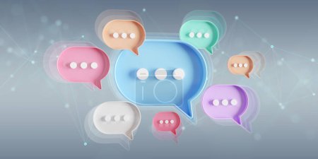 Photo for Minimalist blue red orange green purple speech bubbles talk icons floating over grey background. Modern conversation or smooth social media messages with shadow. 3D rendering - Royalty Free Image