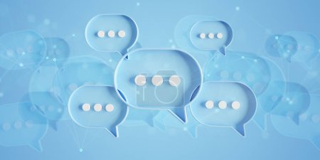 Téléchargez les photos : Les bulles de parole bleues minimalistes parlent d'icônes flottant sur le fond. Conversation moderne ou lisser les messages des médias sociaux avec ombre. rendu 3D - en image libre de droit