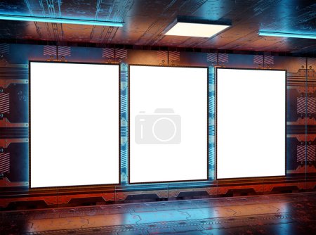 Foto de Tres futuristas cartelera vertical maqueta con luces de neón. Plantilla interior de marcos de estilo cyberpunk. Renderizado 3D - Imagen libre de derechos