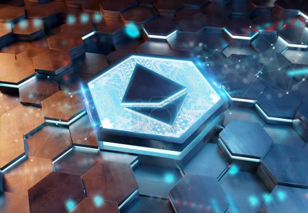 Téléchargez les photos : Icône Ethereum concept gravé sur fond piédestal hexagonal métal bleu et orange. Crypto symbole de la monnaie rayonnant sur la surface numérique abstraite. Rendu 3d - en image libre de droit
