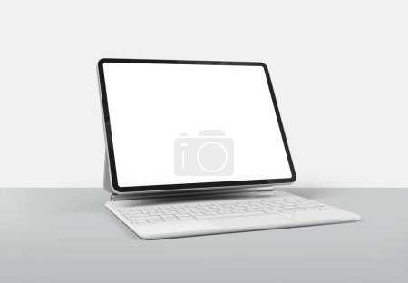 Photo for PARIS - France - March 15, 2023: Apple Ipad Pro Silver color with the white magic keyboard, - Realistic 3d rendering, screen tablet mockup on white background - Royalty Free Image