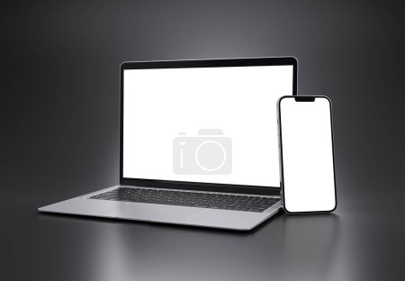 Photo for PARIS - France - March 15, 2023: Newly released Apple Macbook Air and Iphone 14, Silver color. Side view. 3d rendering laptop screen mockup on grey background - Royalty Free Image
