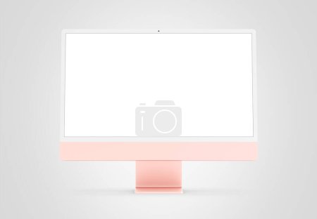 Foto de PARÍS - Francia - 28 de abril de 2022: Nueva versión de Apple Imac 24 pulgadas ordenador de escritorio, color rosa, vista frontal 3d realista representación 4.5K pantalla de visualización Retina maqueta sobre fondo blanco - Imagen libre de derechos