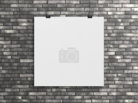 Téléchargez les photos : Affiche carrée vierge suspendue avec des clips sur un Mockup mur de briques. Cadre vide rendu 3D - en image libre de droit