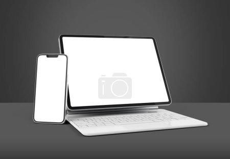 Foto de PARÍS - Francia - 15 de marzo de 2023: Apple Ipad Pro con teclado de magia blanca e Iphone 14 - Realista representación 3D sobre fondo gris - Imagen libre de derechos