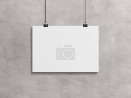 Photo for Blank horizontal poster hanging with clips on a concrete wall Mockup. Empty frame 3D rendering - Royalty Free Image