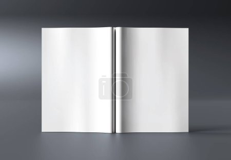 Foto de Una maqueta de revista abierta aislada sobre fondo gris. Plantilla de folleto sobre superficie en blanco. Renderizado 3D - Imagen libre de derechos