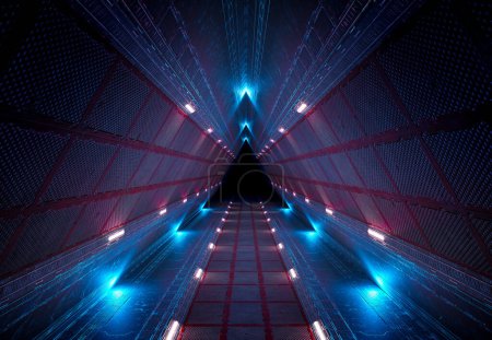 Photo for Triangle shaped spaceship background in space station. Futuristic interior corridor with blue pink neon lights walls. Pyramid style tunnel with lit path way. Cyber room with sci fi laser. 3d rendering - Royalty Free Image