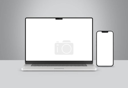 Photo for PARIS - France - March 15, 2023: Newly released Apple Macbook Air and Iphone 14, Silver color. Side view. 3d rendering laptop screen mockup on grey background - Royalty Free Image
