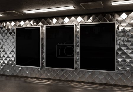 Foto de Tres vallas publicitarias verticales en la pared subterránea del metro. Acumulaciones publicidad tríptico en la estación de tren interior 3D renderizado - Imagen libre de derechos