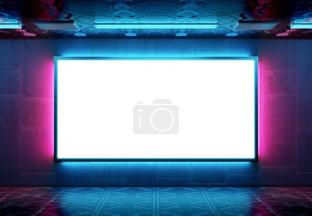 Photo for Futuristic panoramic billboard mockup with modern neon. Cyberpunk style frame interior template. 3D rendering - Royalty Free Image
