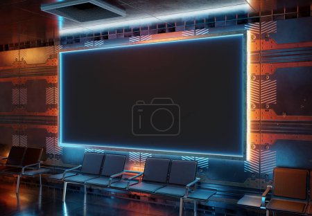 Téléchargez les photos : Panneau panoramique futuriste maquette avec néon moderne. Modèle intérieur de cadre de style Cyberpunk. rendu 3D - en image libre de droit