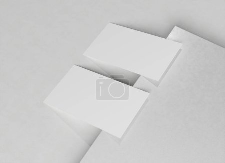 Foto de Dos tarjetas de visita blancas burlándose. Plantilla de tarjeta de visita texturizada en una superficie cuadrada en blanco. Renderizado 3D - Imagen libre de derechos