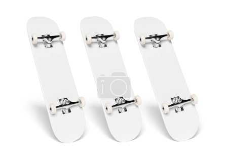 Foto de Tres skateboards blancos maqueta aislada sobre fondo en blanco. Renderizado 3D - Imagen libre de derechos