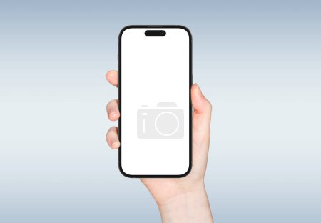 Téléchargez les photos : PARIS - France - 1 septembre 2023 : Nouveau Smartphone Apple Iphone 14 pro max rendu 3D réaliste - Modèle d'écran avant couleur argent - Femme tenant un smartphone moderne sur fond gris - en image libre de droit