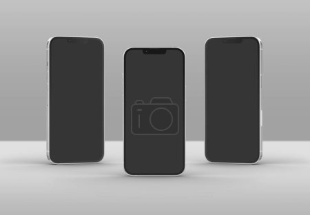 Foto de PARÍS - Francia - 15 de marzo de 2023: Nuevo smartphone Apple, Iphone 14 pro. Representación 3D realista en color plateado, maqueta móvil de pantalla frontal con sombra y reflexión sobre fondo gris - Imagen libre de derechos