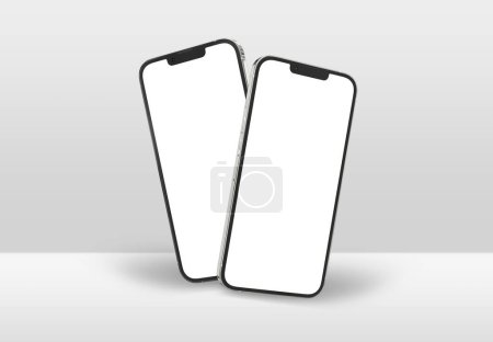 Foto de PARÍS - Francia - 15 de marzo de 2023: Nuevo lanzamiento de Apple Smartphone Iphone 14 pro realista 3d rendering - maqueta de pantalla frontal a color de plata - Dos teléfonos inteligentes modernos flotando en el fondo blanco - Imagen libre de derechos